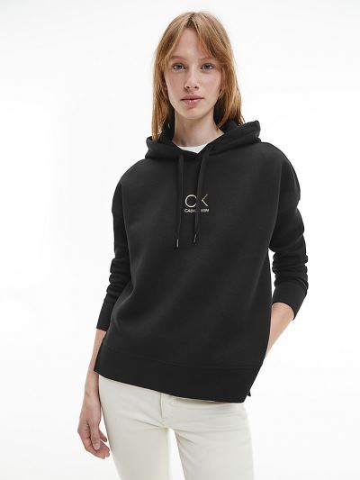 Calvin Klein Ruhák HU973828 | Calvin Klein Relaxed Metallic Logo Női Kapucnis Pulóver Fekete
